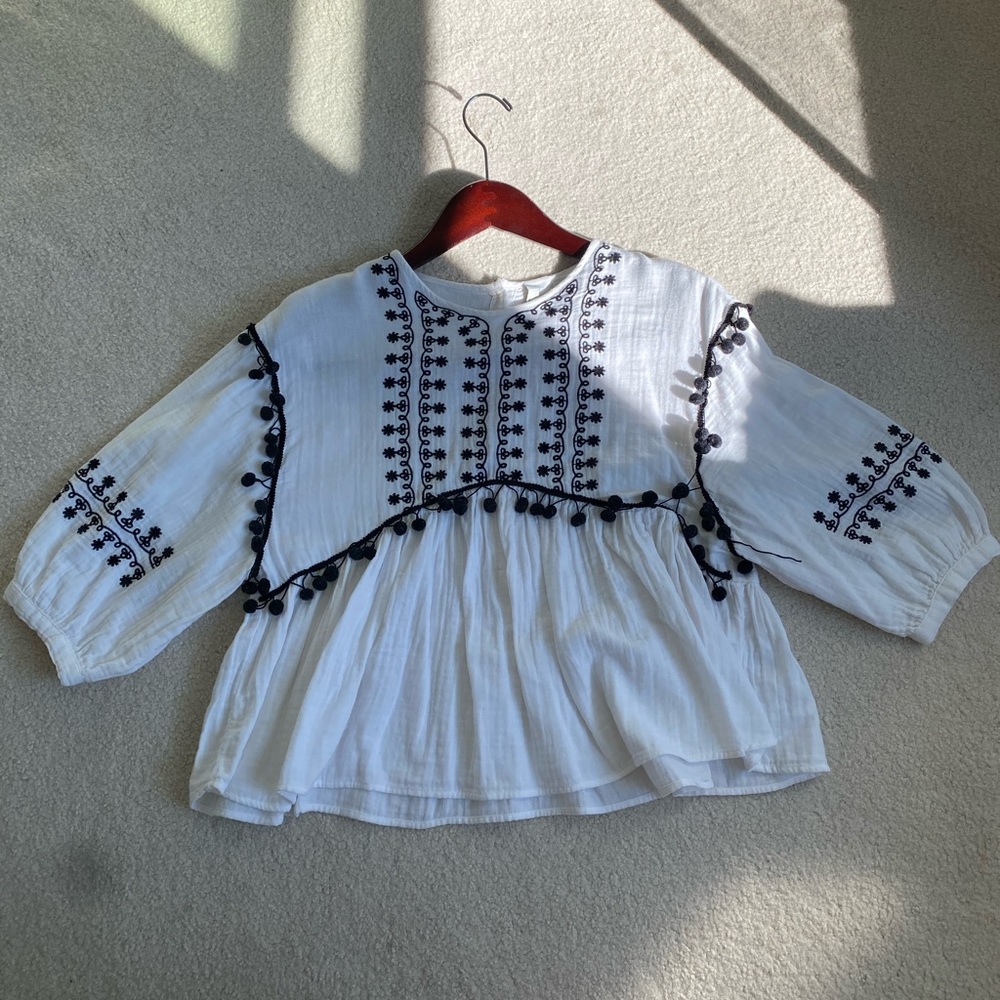Zara linen blouse with black stitching & Pom poms